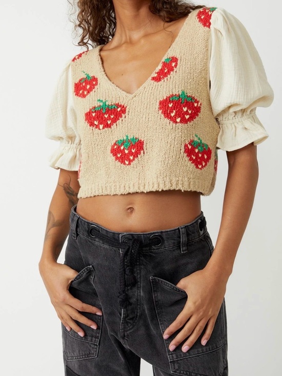 Free People Sweaters - FREE PEOPLE ~ STRAWBERRY JAM Knit Crop Top L Large Sweater Puffed Gauze Sleeve